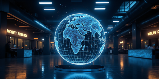 跨境电商平台Logo,国际化设计,蓝色主色调,科技感强