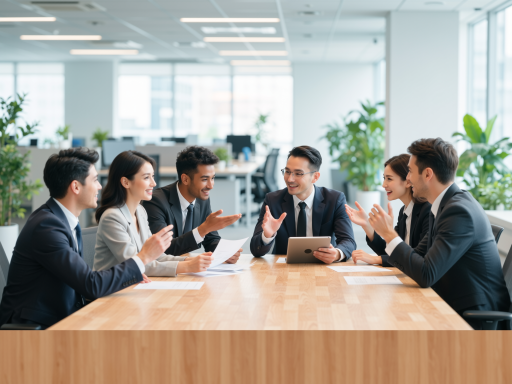 商务团队会议场景,几位专业商务人士围坐讨论,桌上摆放着笔记本电脑和文件,现代办公环境