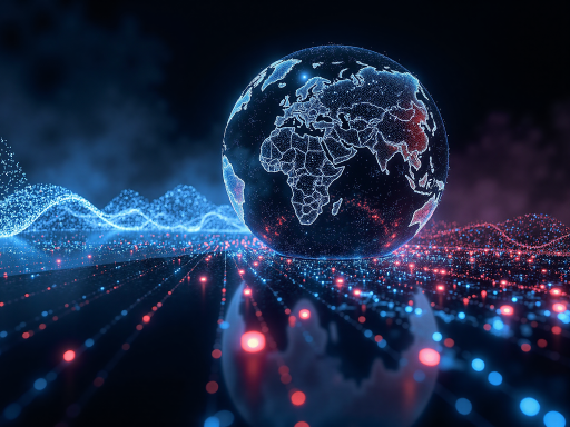 未来科技概念图,数字化地球模型,周围环绕着数据流和网络连接,科技感强烈的视觉效果